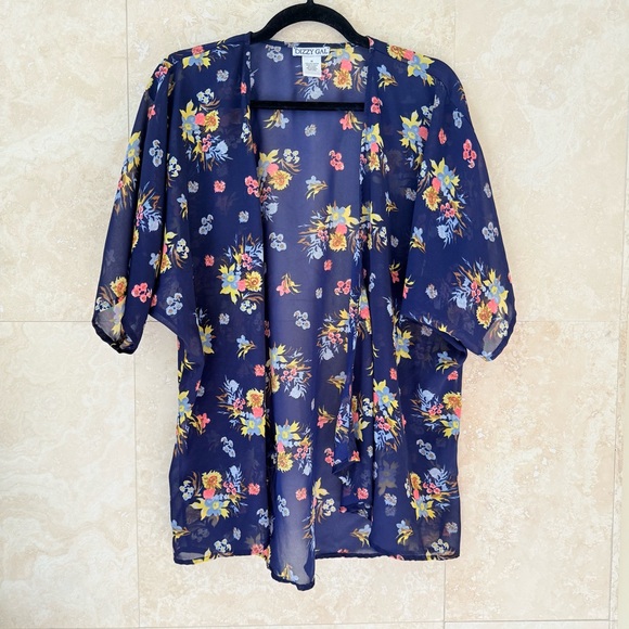 Dizzy Other - Dizzy Gal Navy Floral Kimono Cover Up Sheer Chiffon Bathing Suit Medium